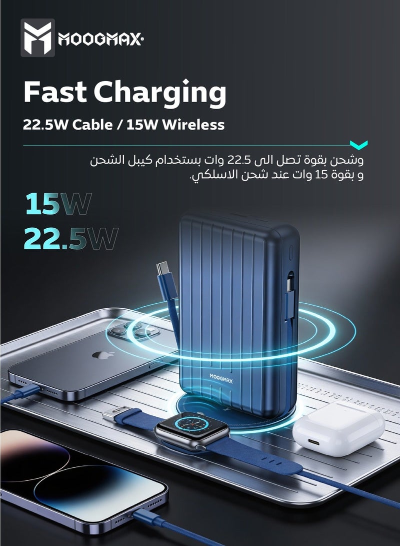 موجماكس باور بنك لاسلكي مغناطيسي من سلسلة trunk بسعة 20000mAh والجهد 22.5W فائق الشحن وكبلان مدمجان مع شحن لاسلكي بجهد 15 واط و 3 منافذ خارجية 1 Type-c و 1 Type-A ومنفذ لايتنينج(ايفون) لشحن الباوربنك. أزرق - Image 3